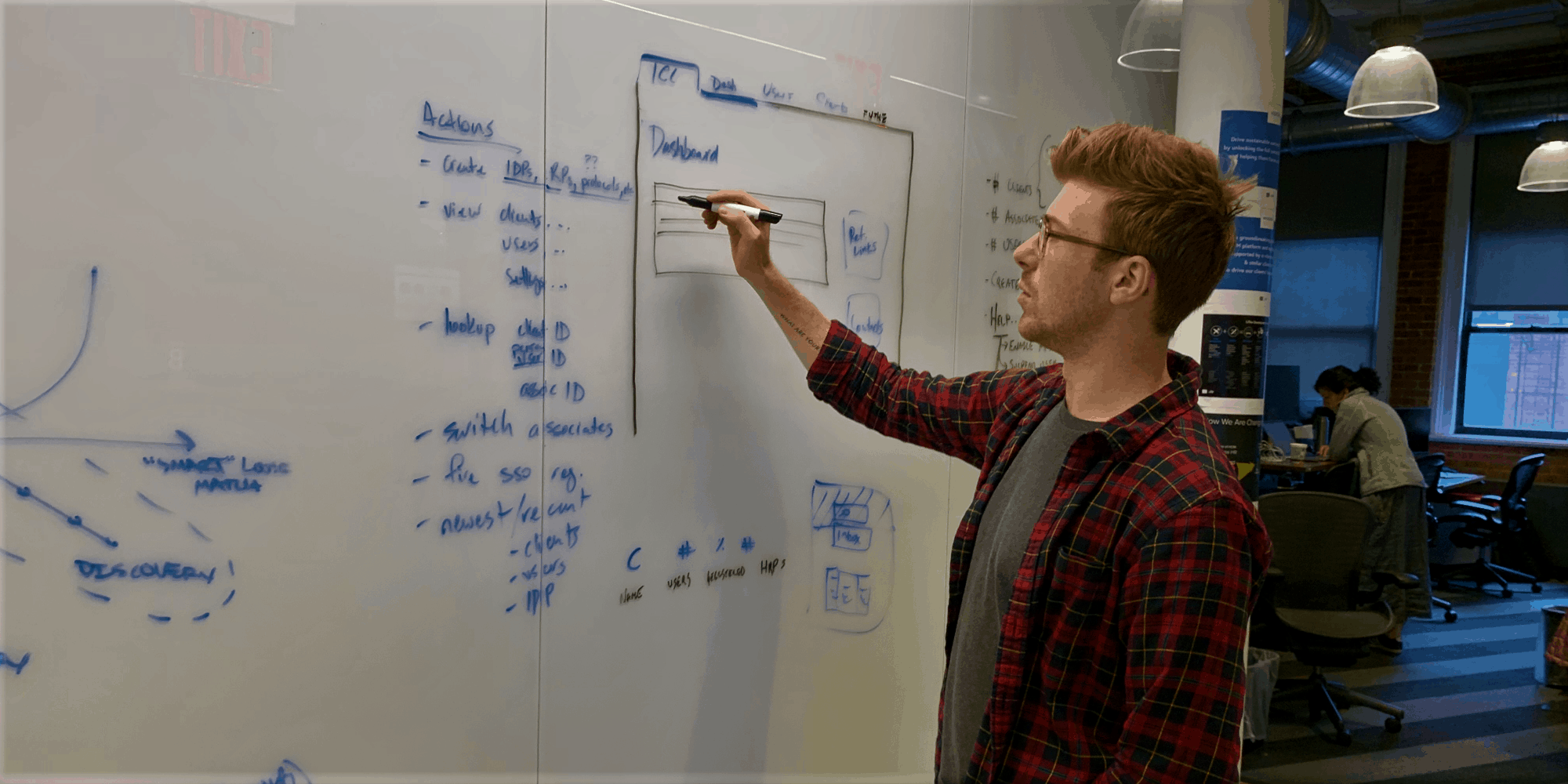 Sam wireframes an application on an office whiteboard.